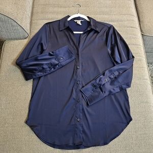 H&M Dark Blue Navy Casual Button Work Career Dress Office Top Blouse Size Small